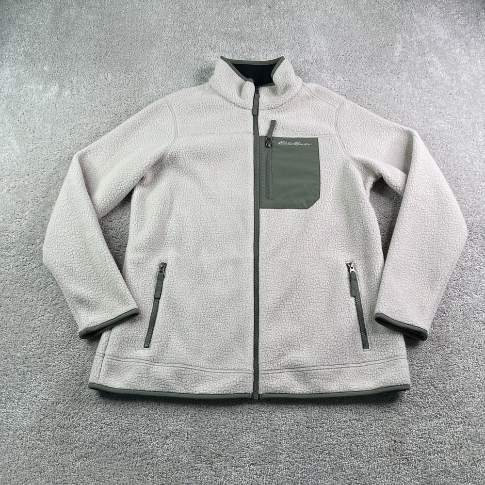 Eddie Bauer Jacket Womens Large Cream Sherpa Fleece Full Zip Outdoor Hiking Cozy